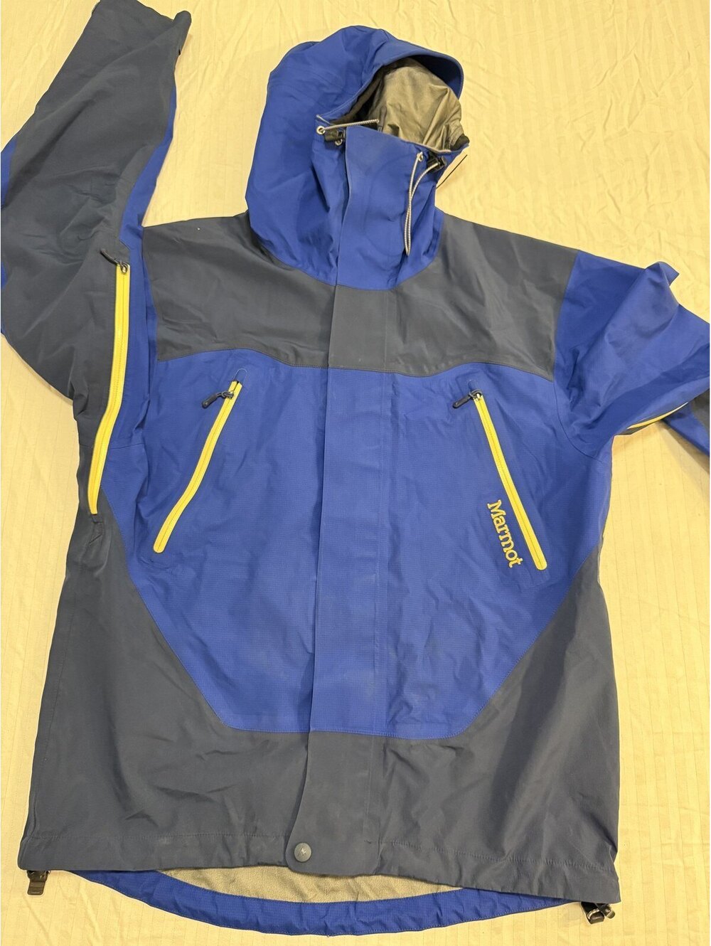 Marmot Hooded Shell Rain Jacket Men's S Blue Gray Color Block Outdoor Hiking